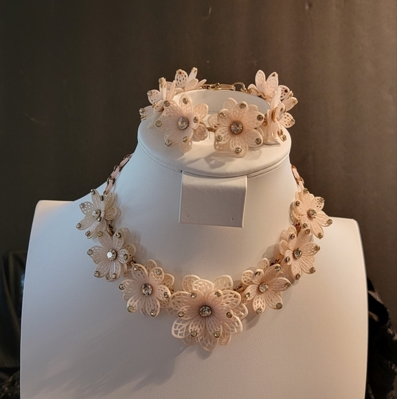 unsigned Jewelry - Vintage Plastic Filigree Flower with Rhinestones Necklace and Bracelet S…
